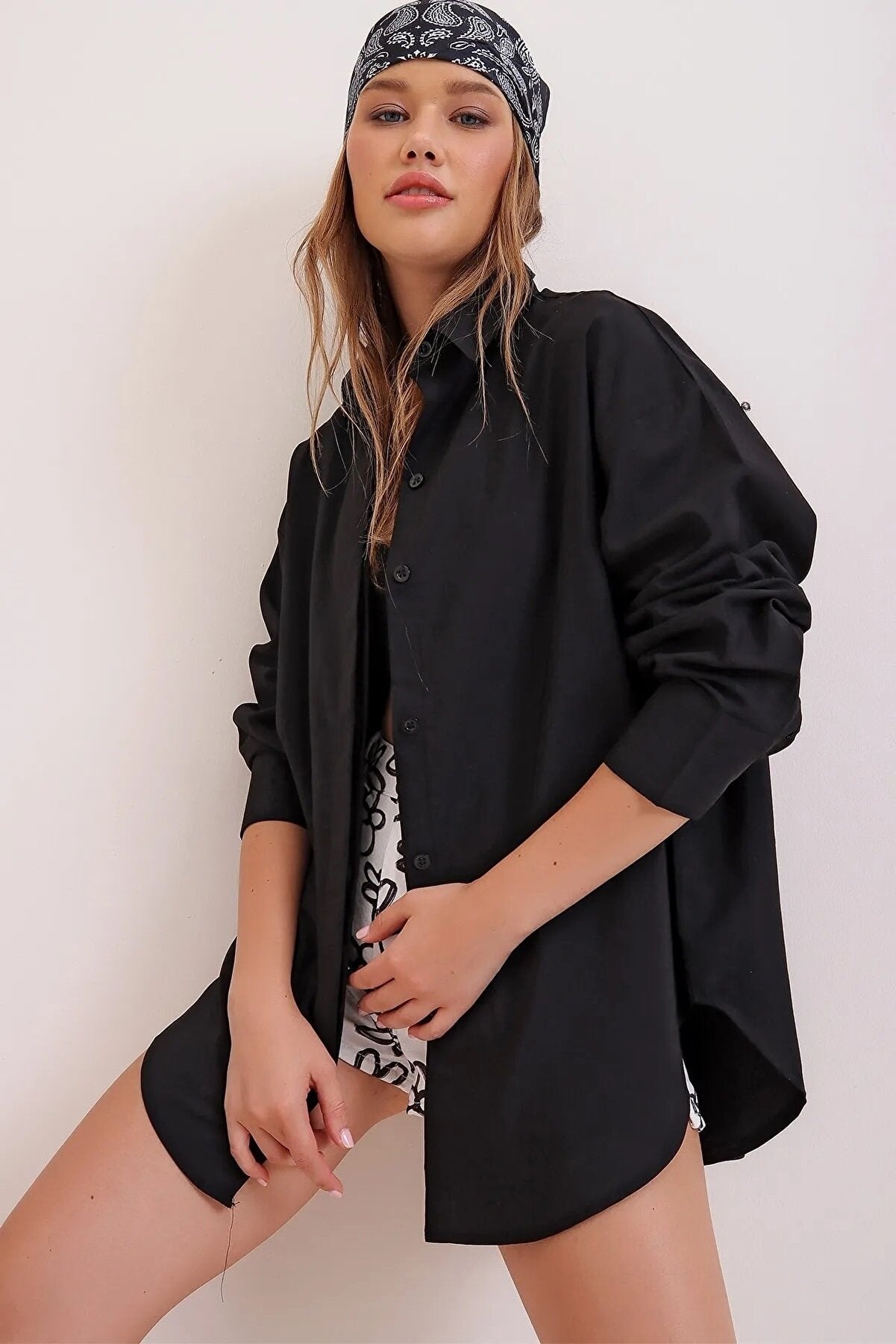 Women's Black Oversize Basic Long Shirt