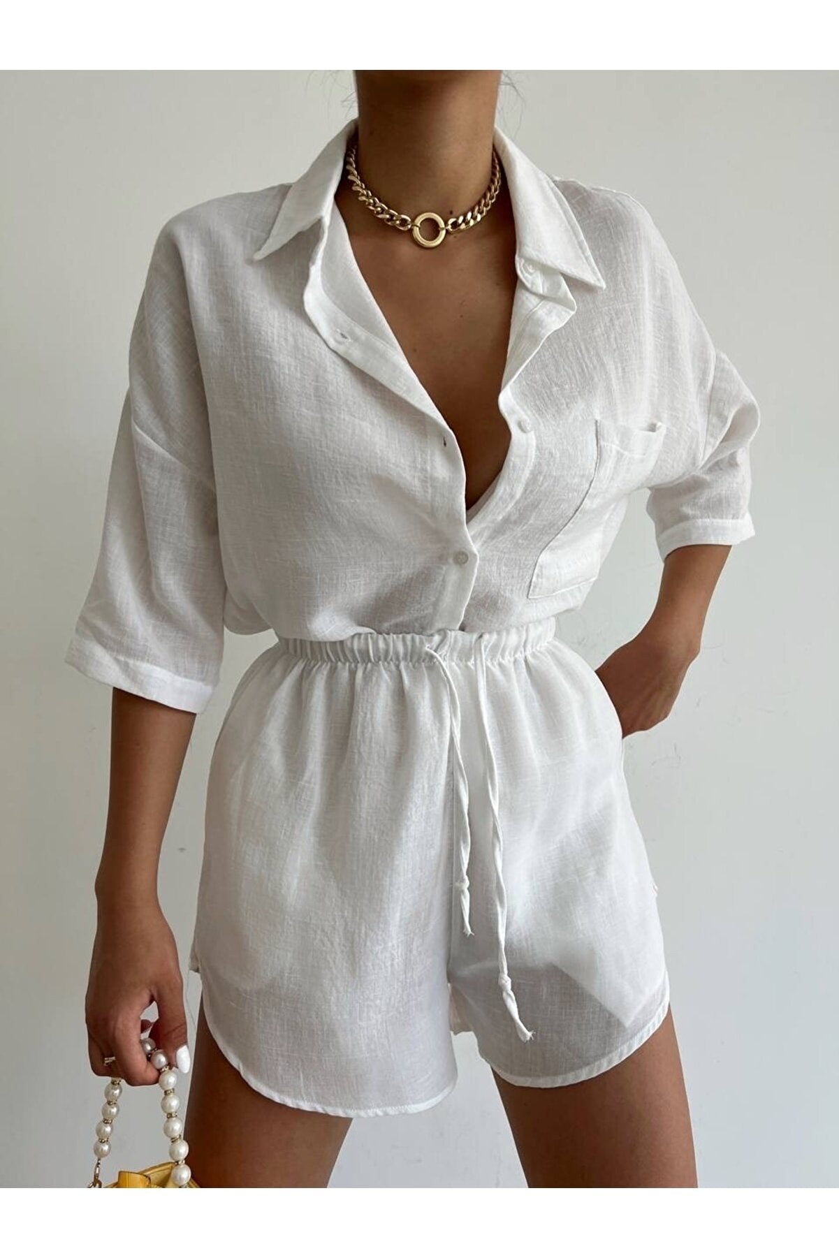 Women's White Linen Fabric Oversize Shirt Shorts Set Laluna375SI