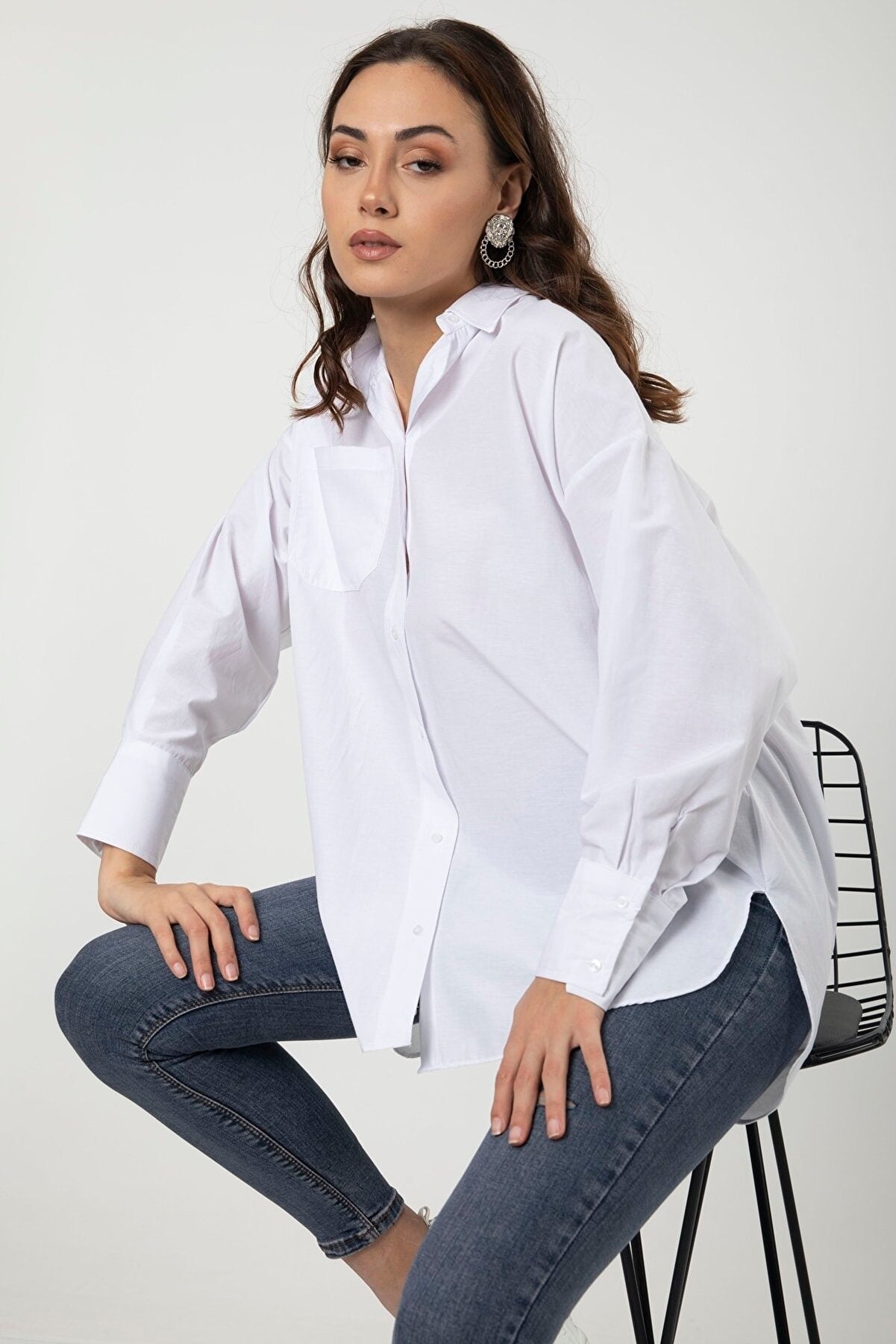 Women's Pocket Balloon Sleeve Oversize Basic Shirt MDTRN10502