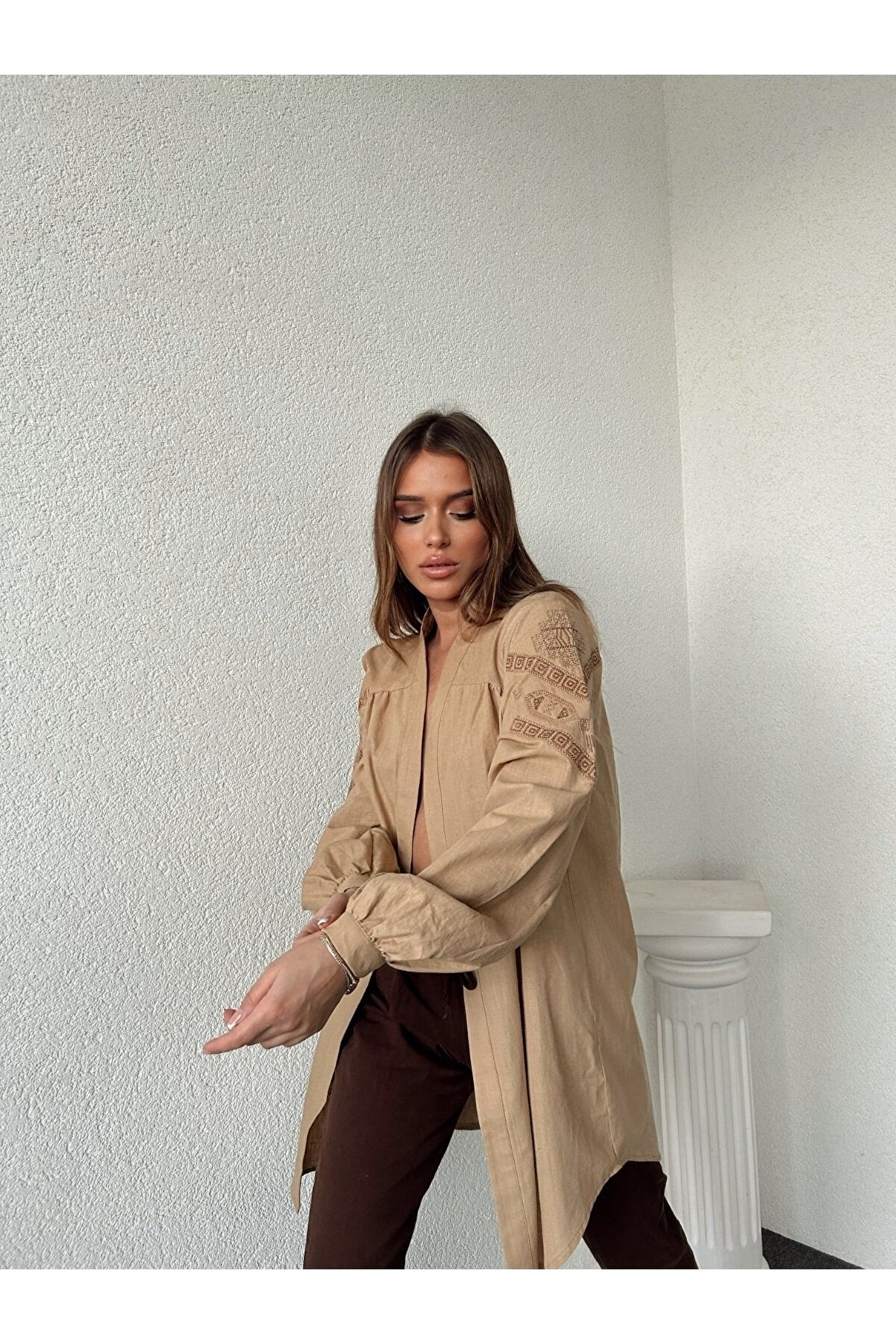 Threeco Beige Ethnic Patterned Linen Oversize Shirt fw23bejetnikdesenlikkimono