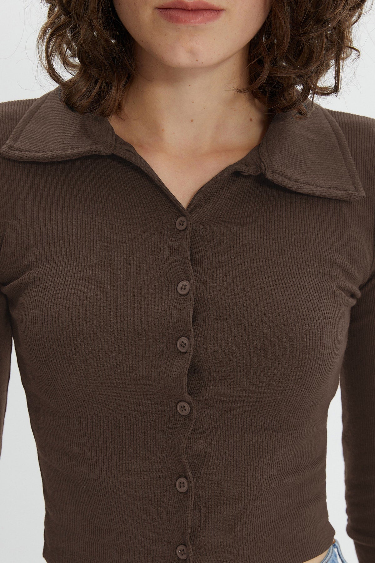 Brown Button Detailed Crop Knitted Blouse