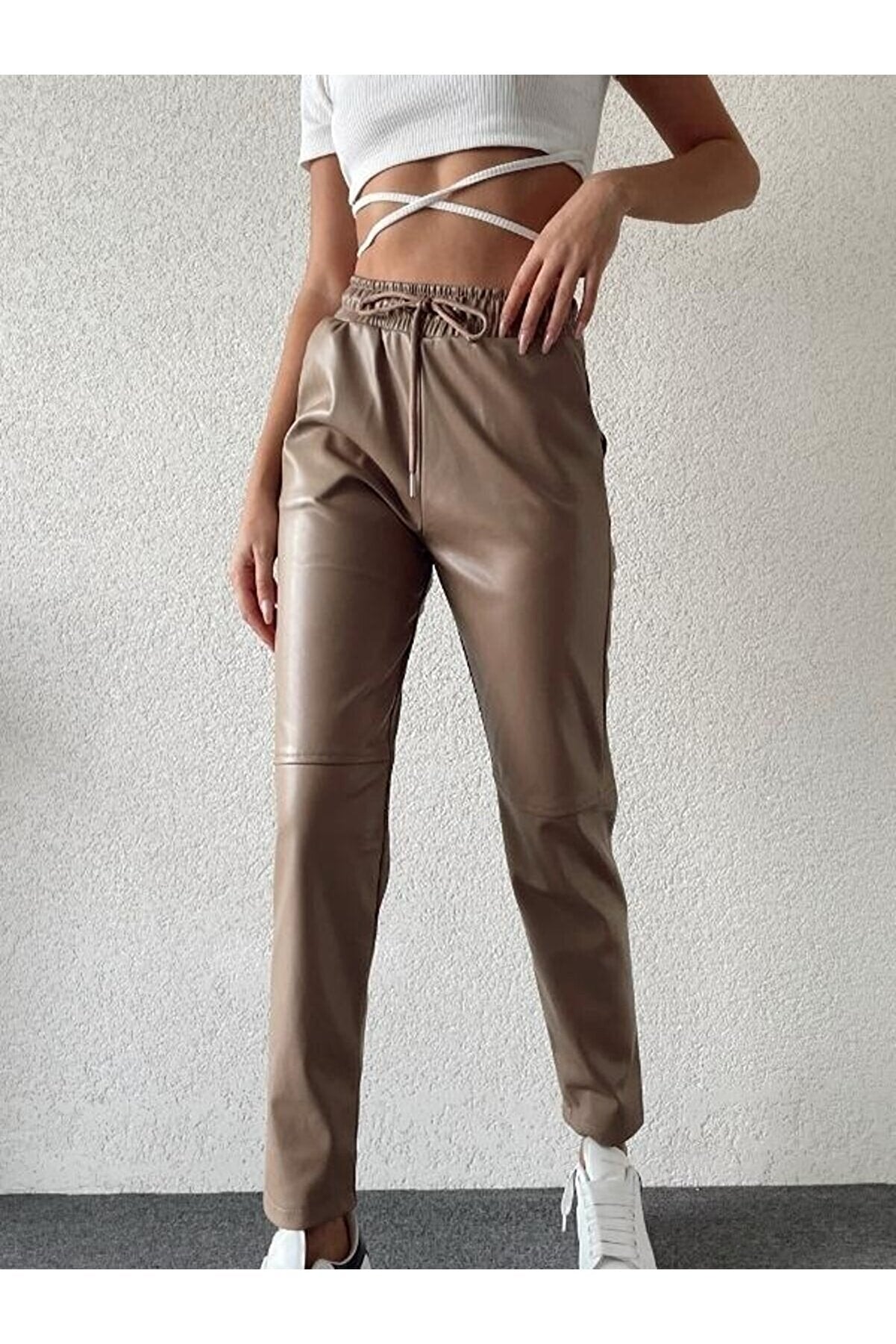 Tied Waist Knee Stitching Detail Leather Trousers