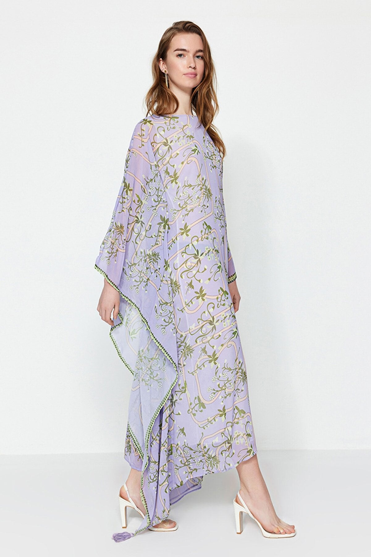 Lilac Floral Patterned Evening Dress Kaftan Dress TCTSS23DB00018