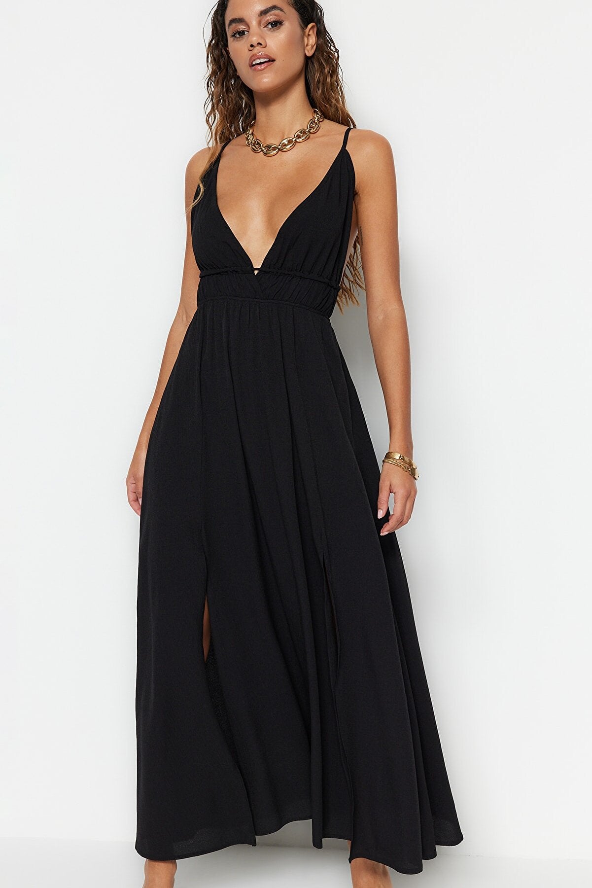 Black Maxi Woven Slit Beach Dress TBESS23EL00063