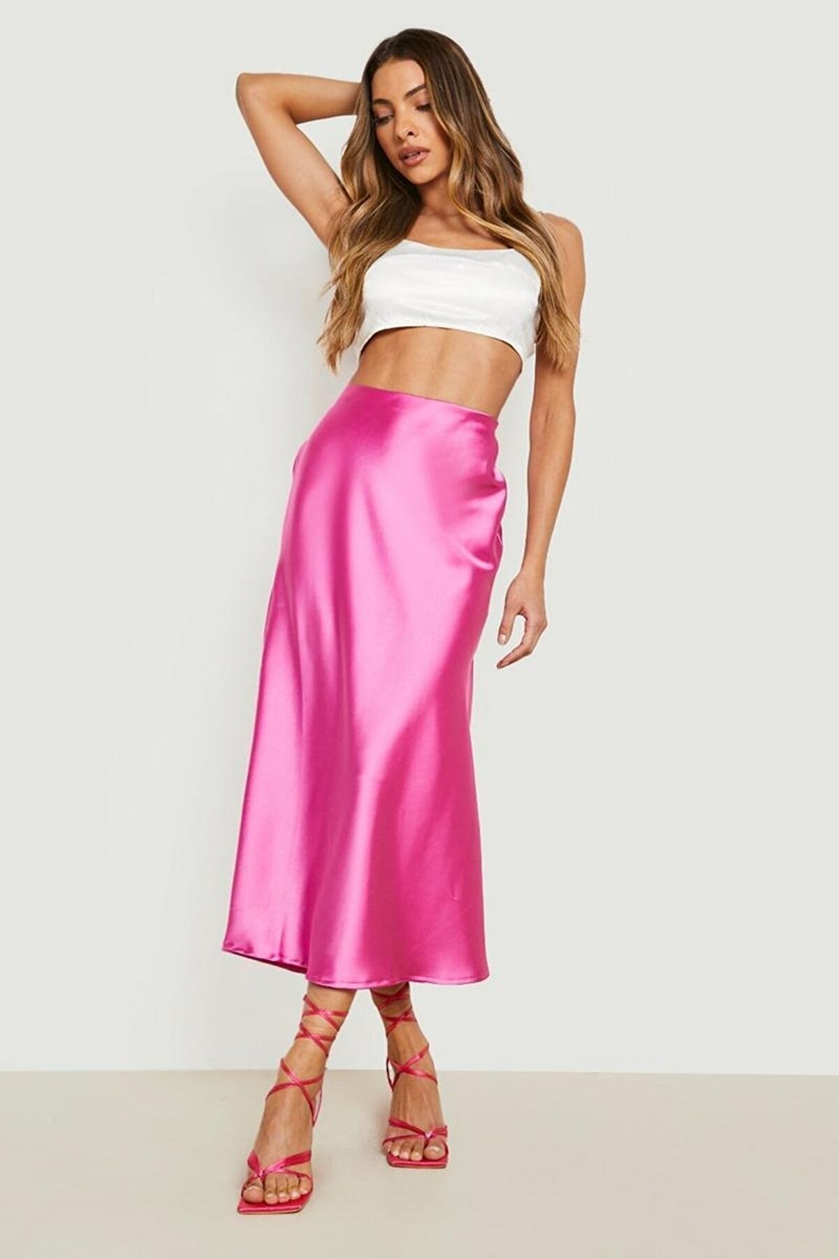 Pink Color Elastic Waist Cotton Fabric Midi Length Satin Premium Skirt JS70070