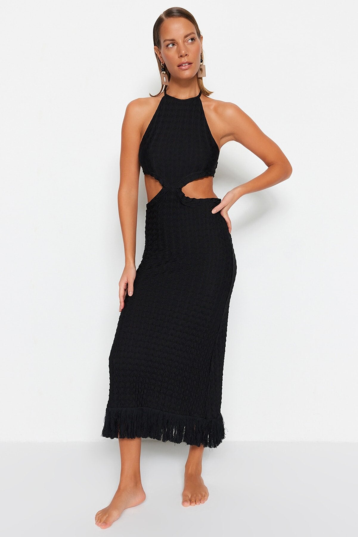 Black Fitted Maxi Knitted Cut Out/Windowed Beach Dress TBESS23EL00154