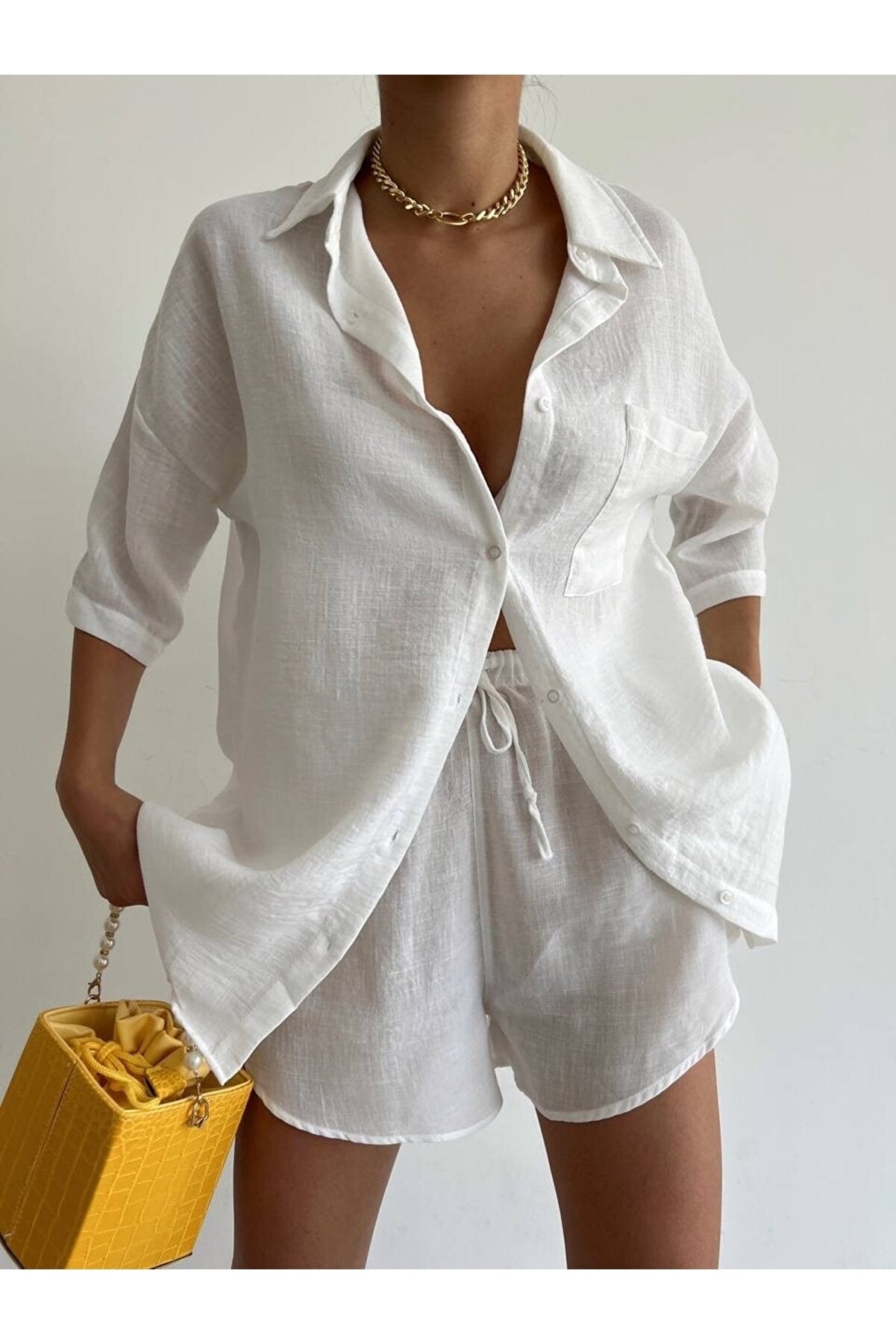 Women's White Linen Fabric Oversize Shirt Shorts Set Laluna375SI