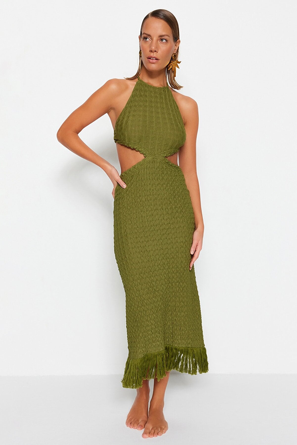 Khaki Fitted Maxi Knitted Cut Out/Windowed Beach Dress TBESS23EL00154