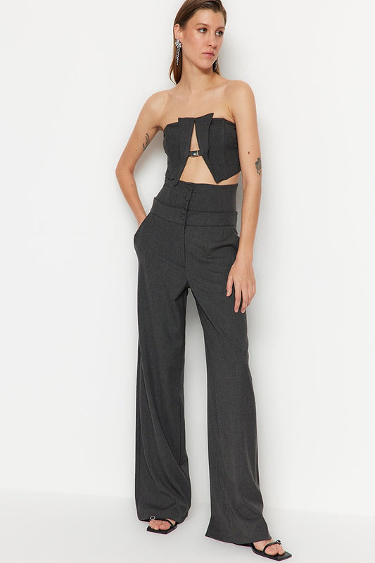 Anthracite High Waist Detailed Trousers TPRSS23PL00015
