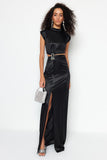 Black Knitted Accessory Window/Cut Out Detailed Satin Evening Dress & Graduation Dress TPRSS23AE00157