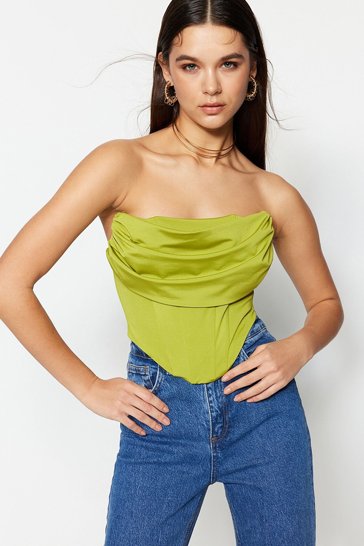 Light Green Crop Lined Knitted Corset Detailed Bustier TPRSS23BS00006