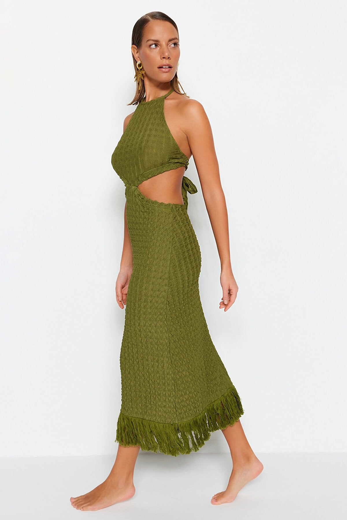 Khaki Fitted Maxi Knitted Cut Out/Windowed Beach Dress TBESS23EL00154