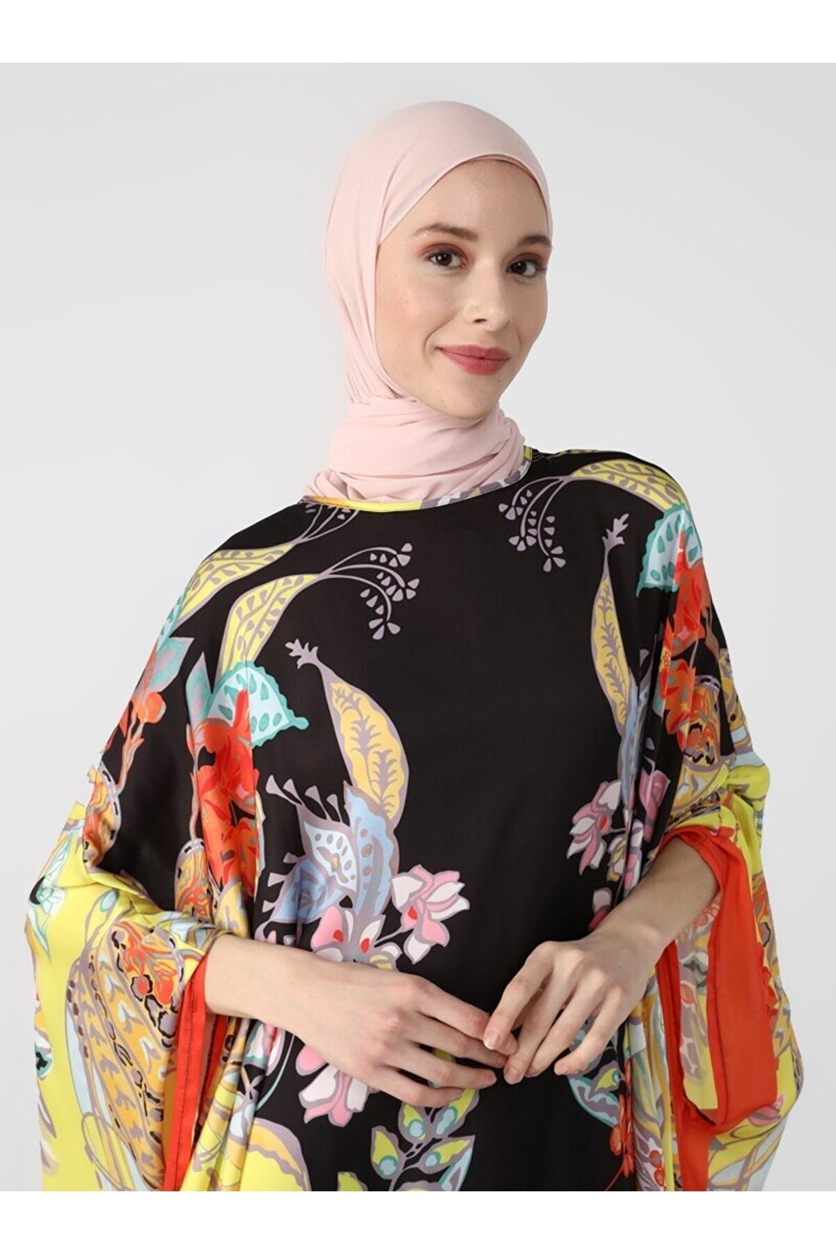 Floral Pattern Satin Abaya Abaya - Yellow Black Pattern - Woman 8427829