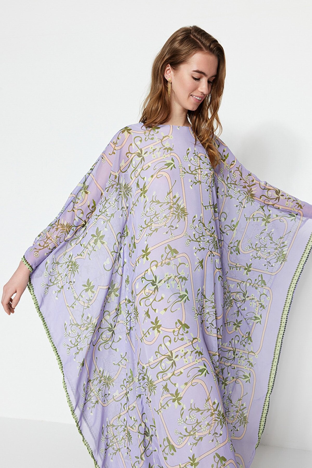 Lilac Floral Patterned Evening Dress Kaftan Dress TCTSS23DB00018