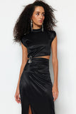 Black Knitted Accessory Window/Cut Out Detailed Satin Evening Dress & Graduation Dress TPRSS23AE00157