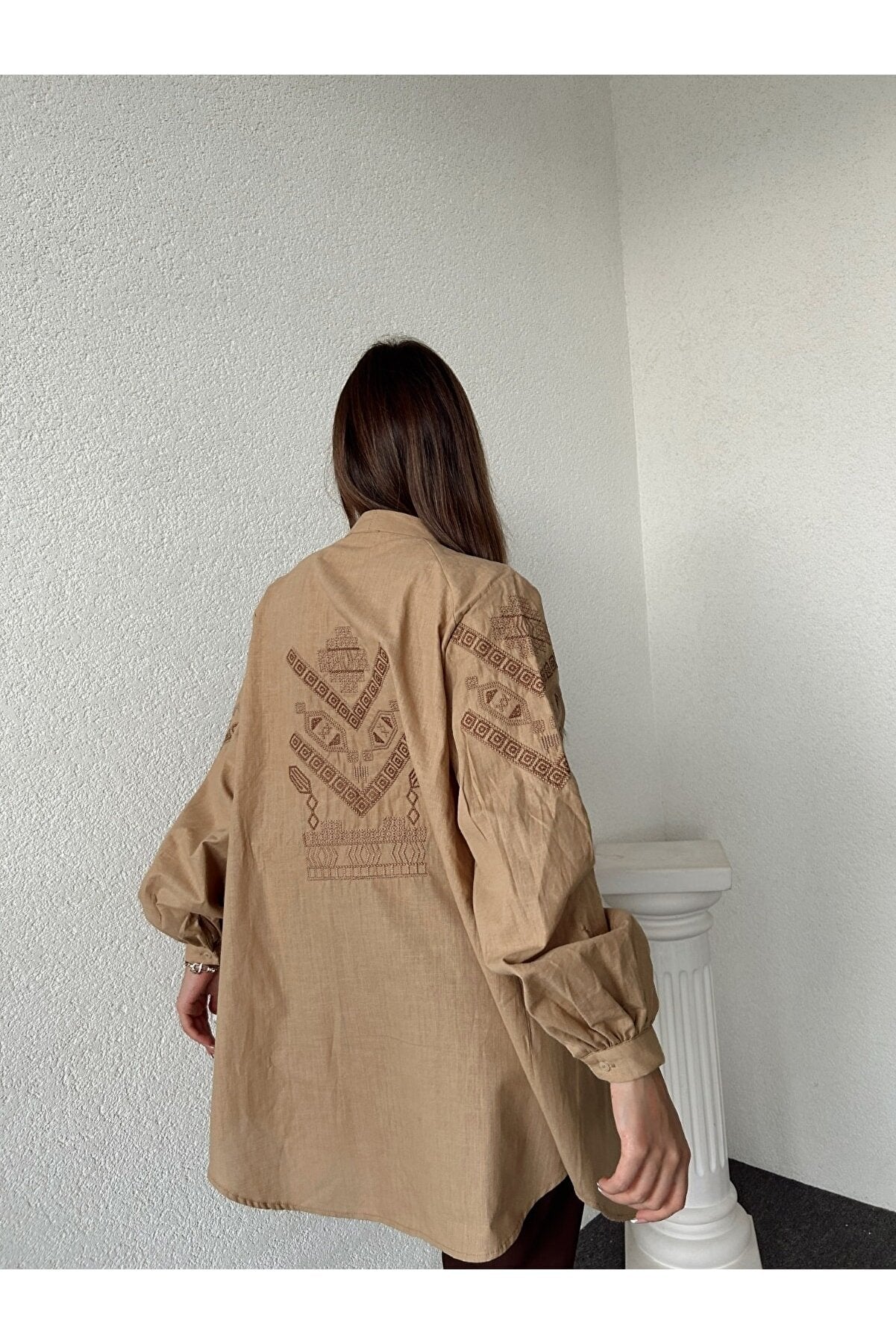 Threeco Beige Ethnic Patterned Linen Oversize Shirt fw23bejetnikdesenlikkimono