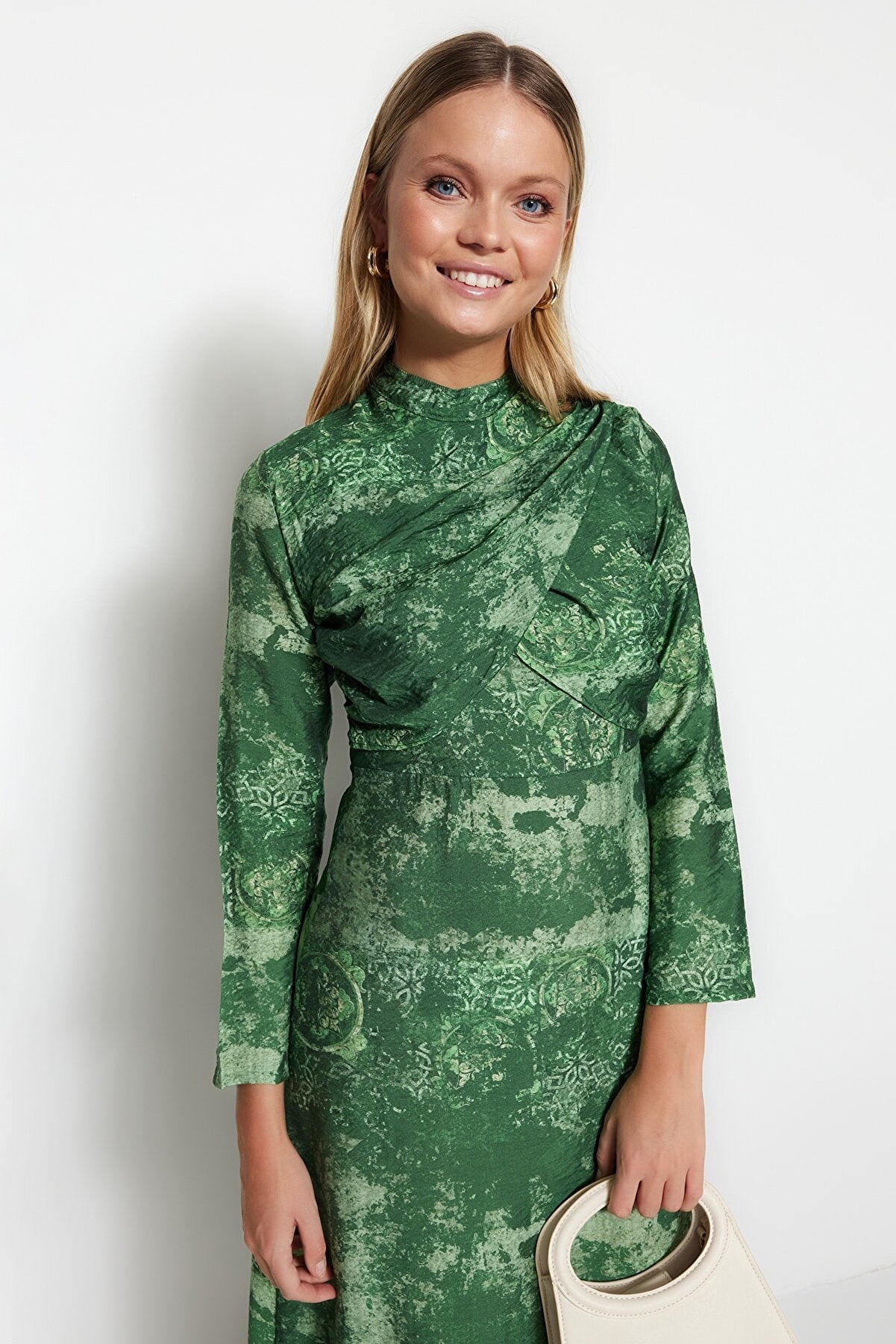 Green Patterned Collar Double Breasted Detailed Woven Dress TCTSS23EB00225