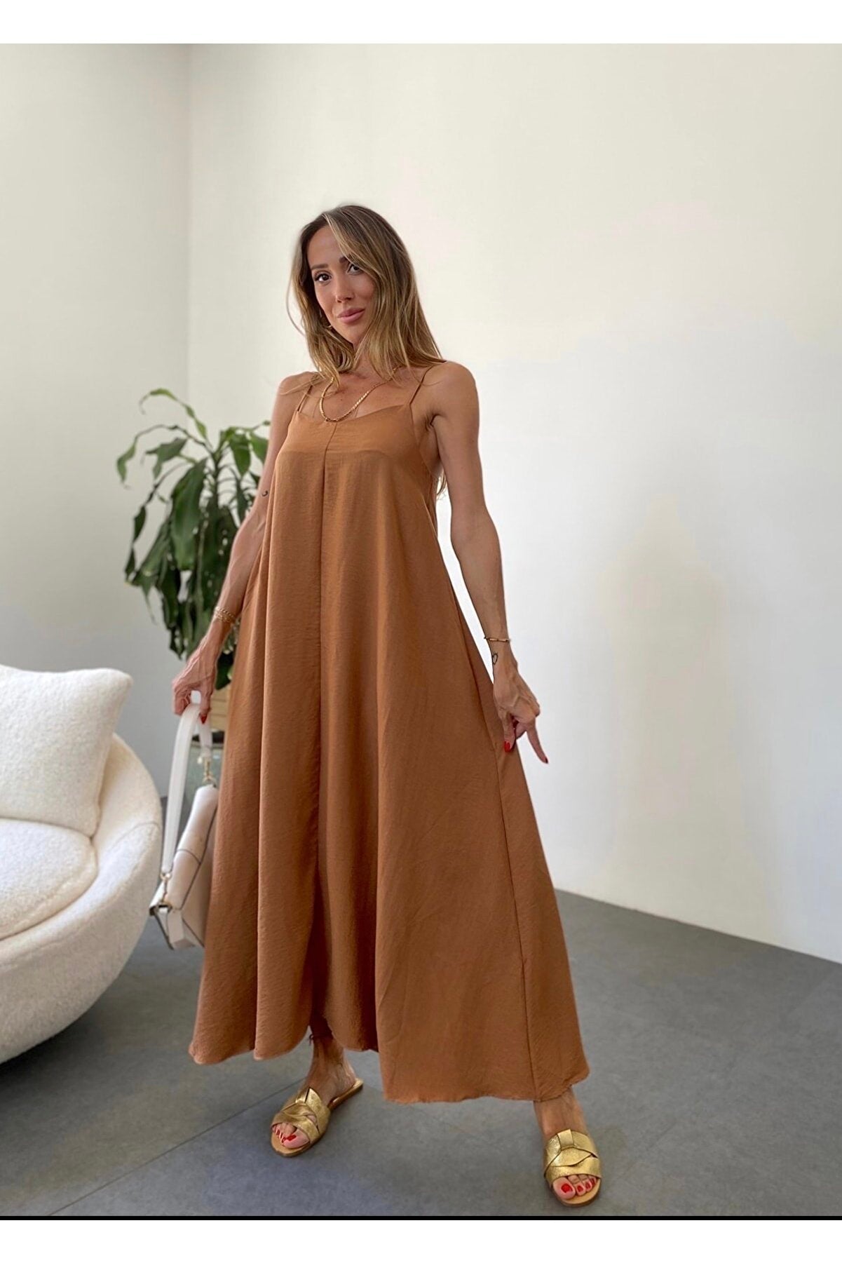 Ayrobin Fabric Long Milk Coffee Dress with Adjustable Strap