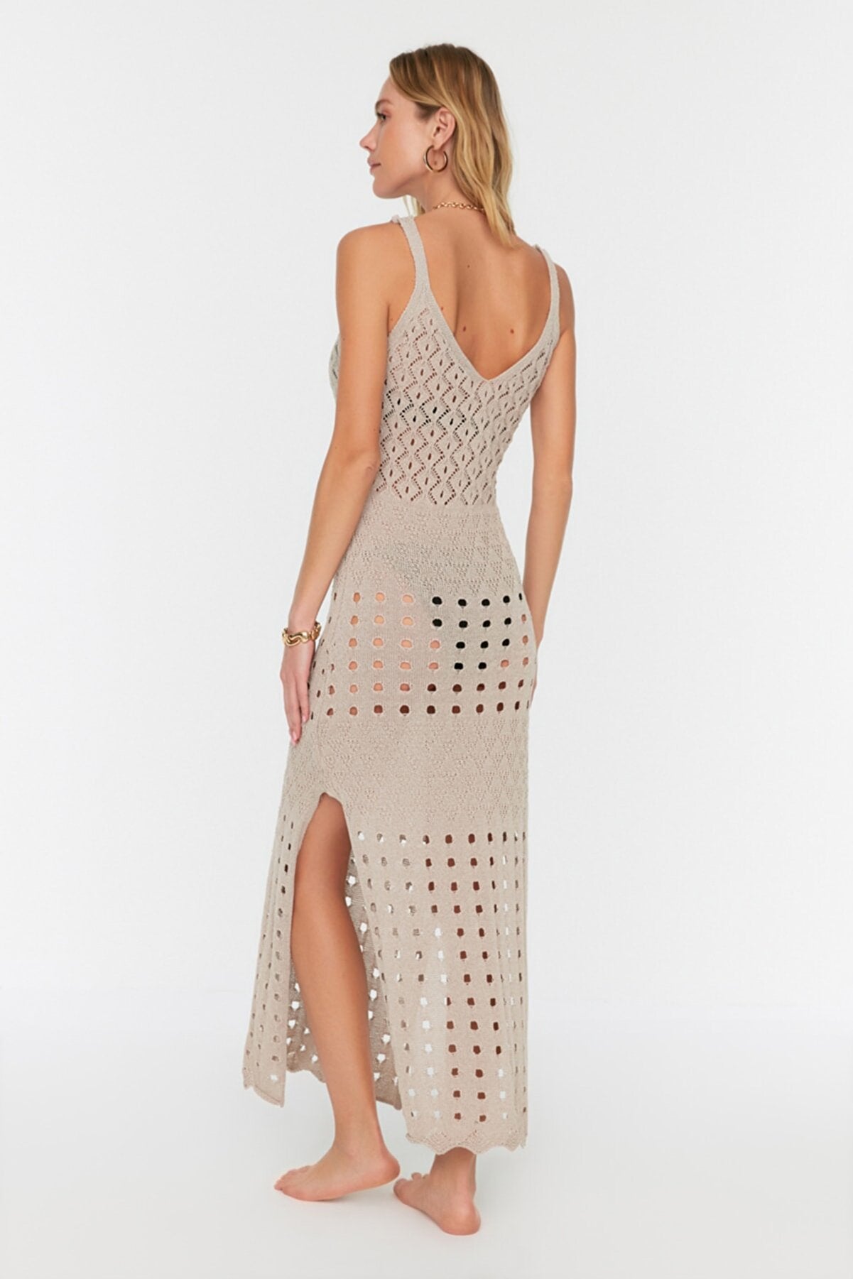 Beige Slit Detailed Knitwear Beach Dress TBESS22EL2917