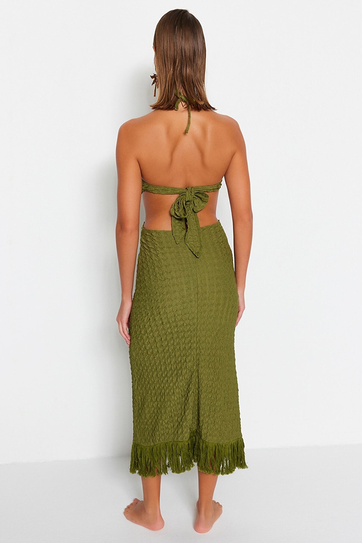 Khaki Fitted Maxi Knitted Cut Out/Windowed Beach Dress TBESS23EL00154