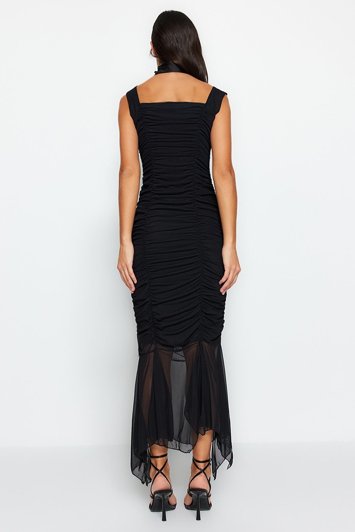 Black Fitted Knitted Lined Tulle Elegant Evening Dress TPRSS23EL00383