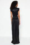 Black Knitted Accessory Window/Cut Out Detailed Satin Evening Dress & Graduation Dress TPRSS23AE00157