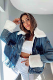 White Fur Denim Women's Short Coat Blue