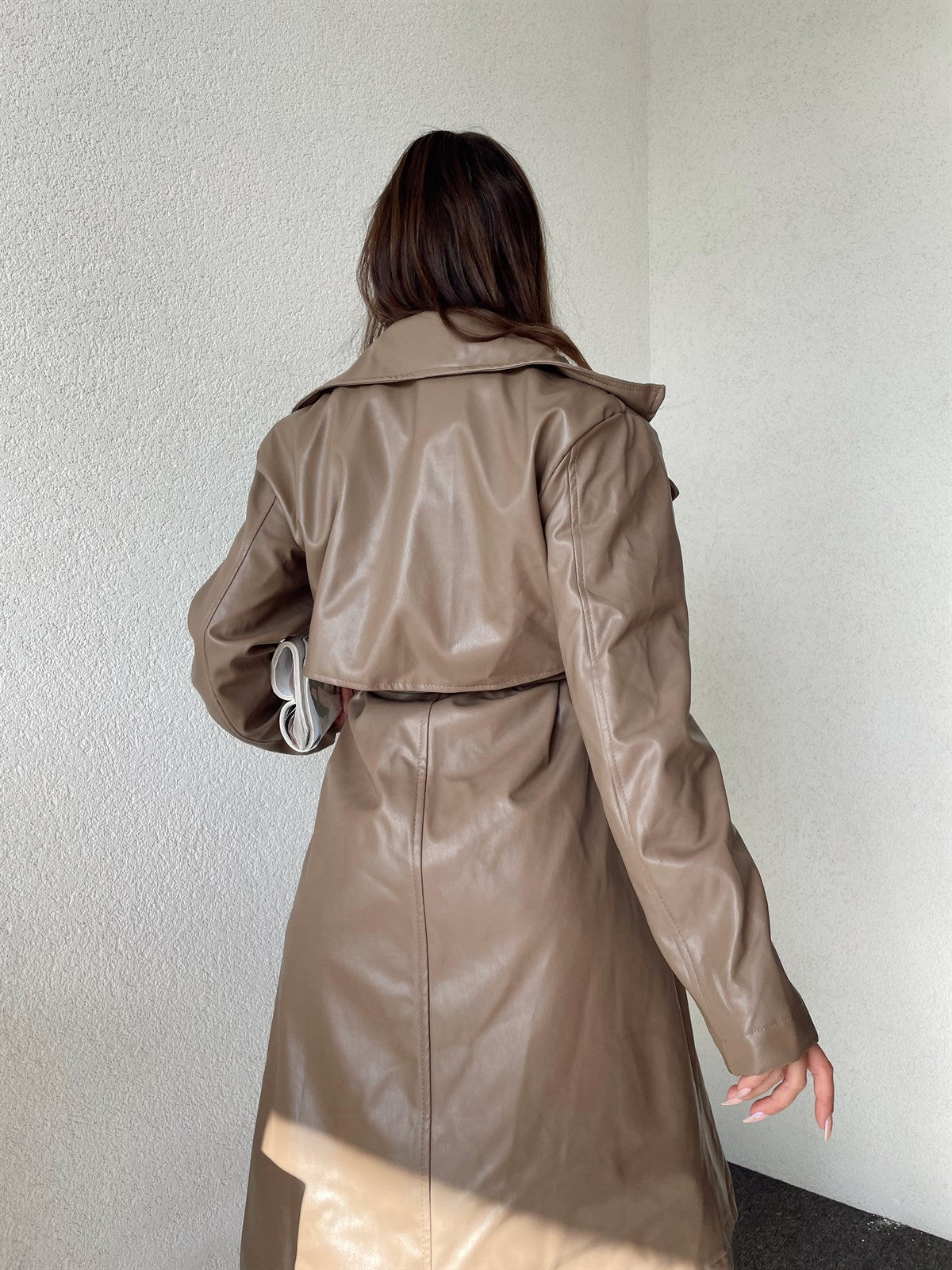 Women's Belted Faux Leather Trench Coat