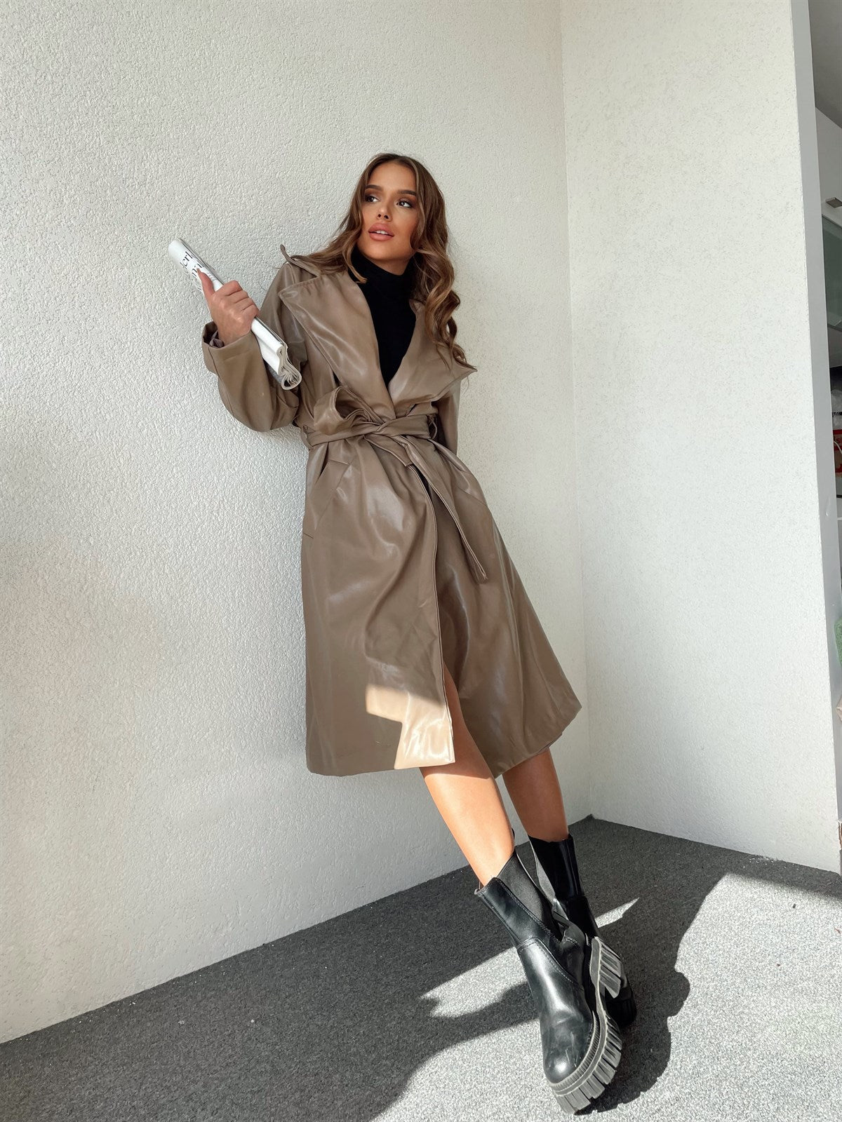 Women's Belted Faux Leather Trench Coat